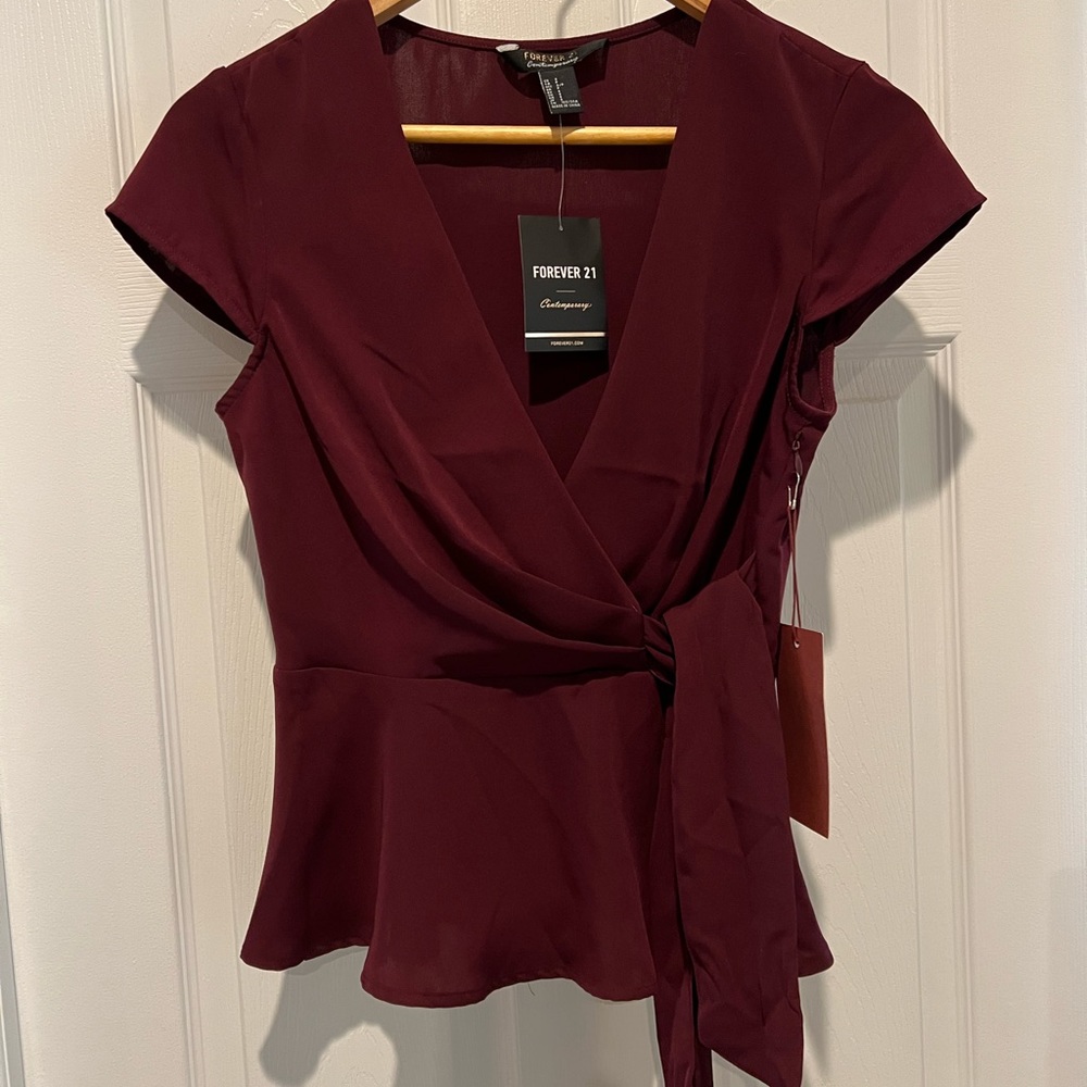 Forever 21 Contemporary Burgundy Tie Waist Faux Wrap Top